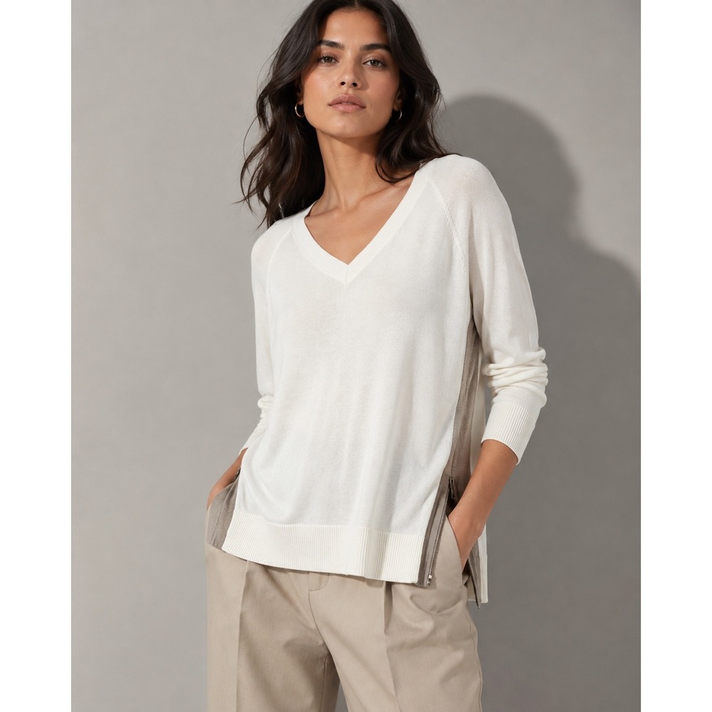 Banana Republic Womens V-Neck Colorblock Side Zip Sweater Cream Taupe Size M New